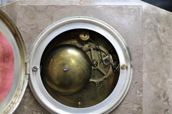 A French Art Deco bronzed spelter and marble mantel clock, the dial signed Divay height 58cm